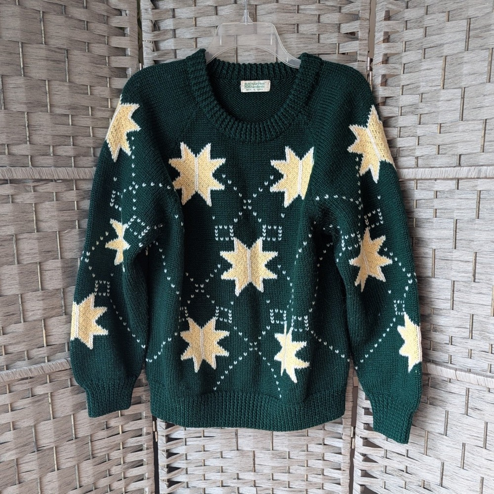 Vtg 90s Dark Green White Star Chunky Pullover Sweater Crew Neck Festive Winter